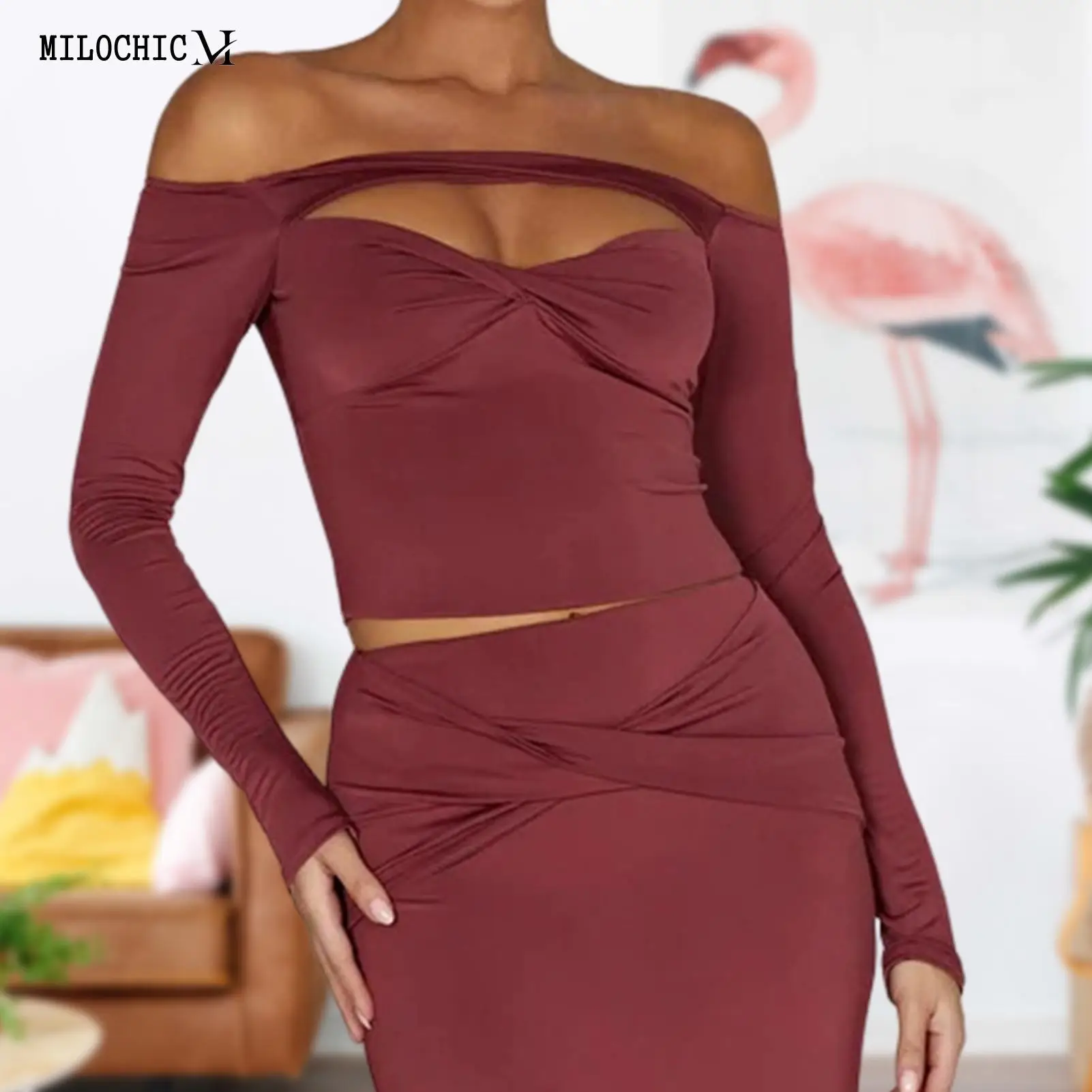 

Fashion Ladies Crop Tops Off Shoulder Hollow Women Sexy Slim T-shirts Long Sleeve Solid Simple Summer Female Clothing