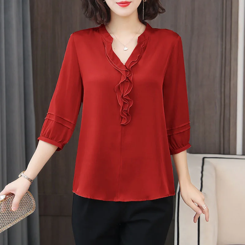 

Lady Casual Half Lantern Sleeve V-Neck Ruffles Decor Blusas Tops Women Spring Summer Style Chiffon Blouses Shirts