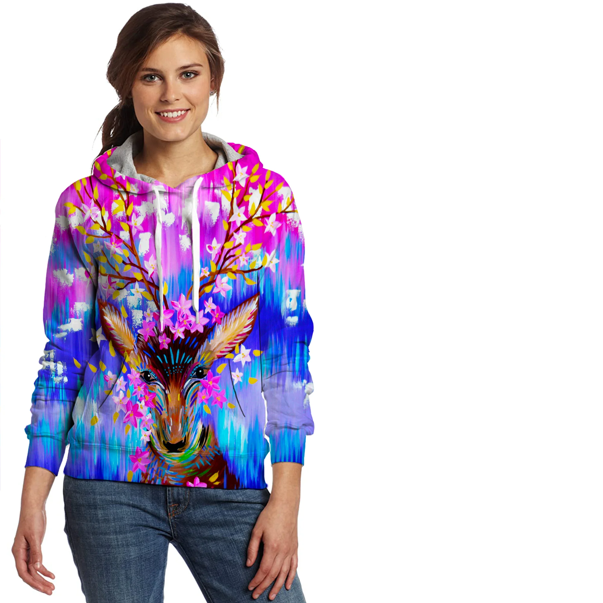 2023 Women's Fashion Print Christmas Animal Deer Hoodie Hip Hop Loose Sweatshirts Hooded Pullover