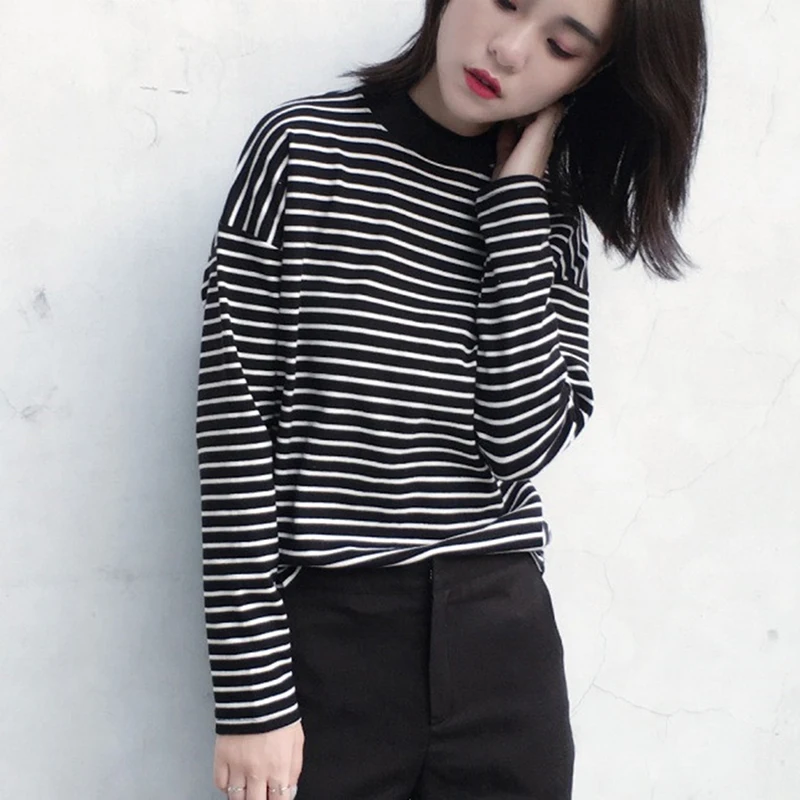 

Spring And Summer Women T Shirt Fashion Clothing Lady O Neck T-Shirt Causal Black White Strip Long Sleeve Top For Female