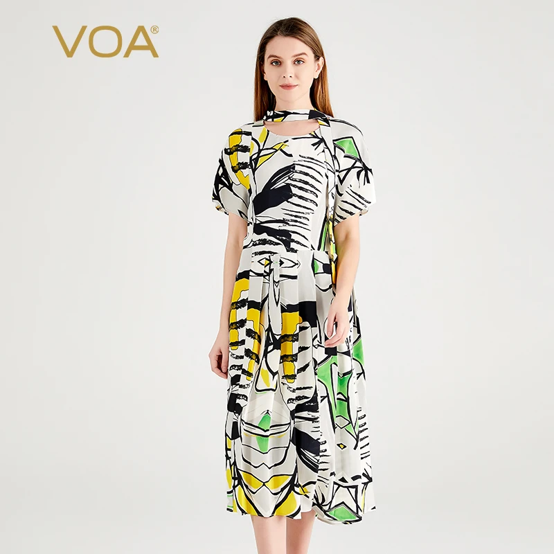 

(Fans Exclusive Discount) VOA Print Silk Scarf Collar Bat Sleeve Loose Dresses Women High Quality Pleated Summer Dress AE1960