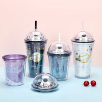 double layer starry sky astronaut plastic water cup creative micro view planet ice cup cold drink cup straw cup