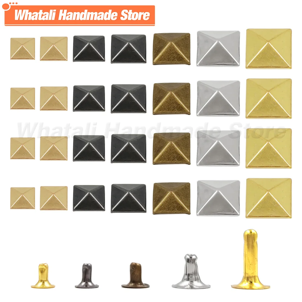 100sets Metal Pyramid Cap Rivets Square Rivet Studs for Leather Craft Bag Belt Clothing Garment Shoes Accessories 6-12mm