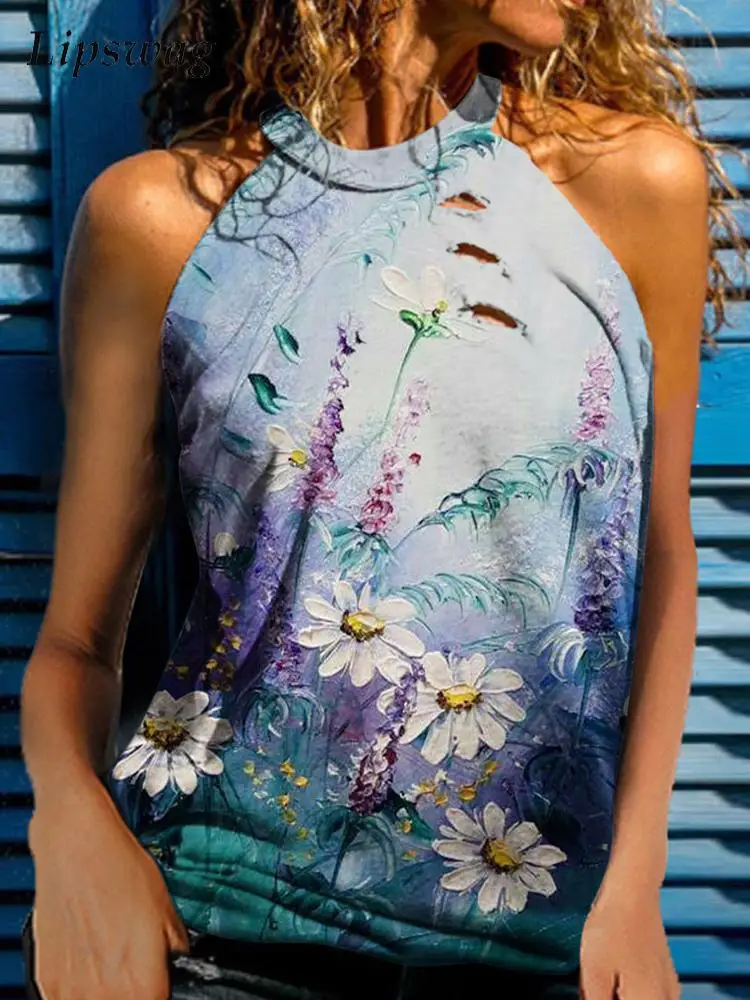 

Женский пуловер с открытыми плечами, повседневный богемный пуловер с 3D цветочным принтом, блуза с лямкой на шее, топы без рукавов в стиле рет...