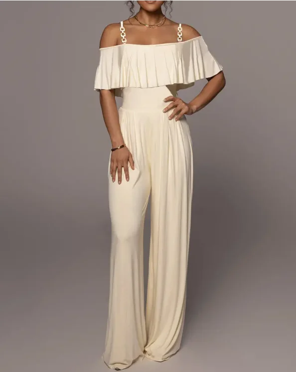 Chain Strap Ruffle Hem Wide Leg Jumpsuit Women 2022 Summer New Elegant Office Sexy Off Shoulder High Waist Long Jumpsuits