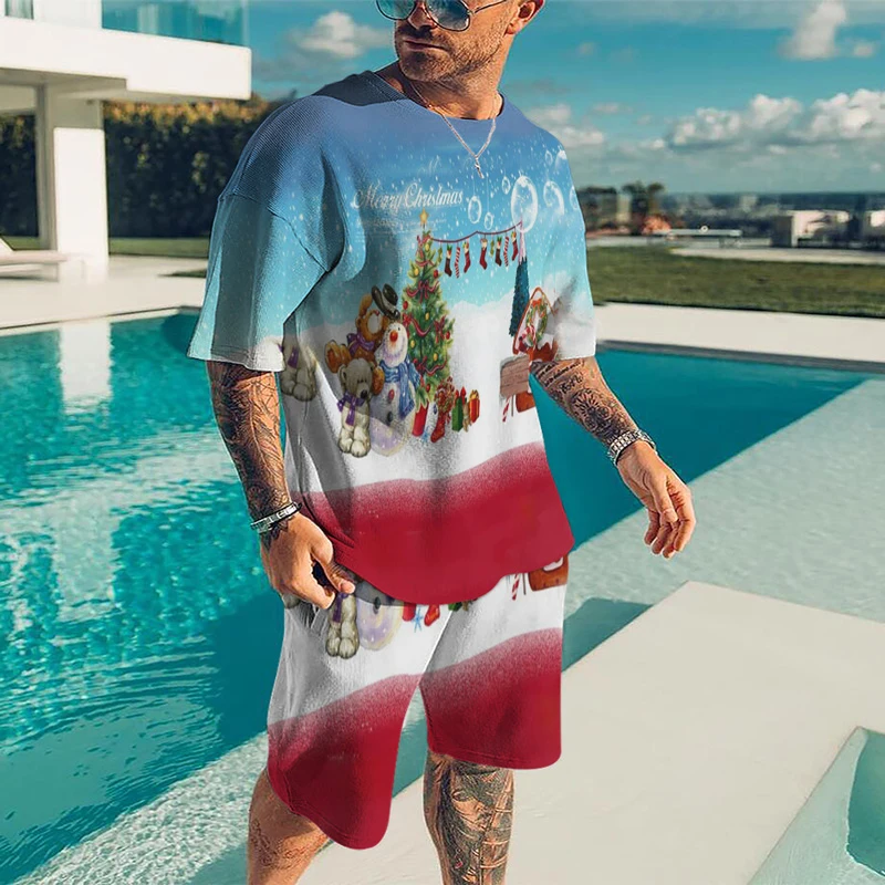 Summer Men's Tracksuit Set New  3D Printed  Oversized T-Shirt Fashion  Short Sleeve Christmas Casual O-Neck  2 Piece Suit