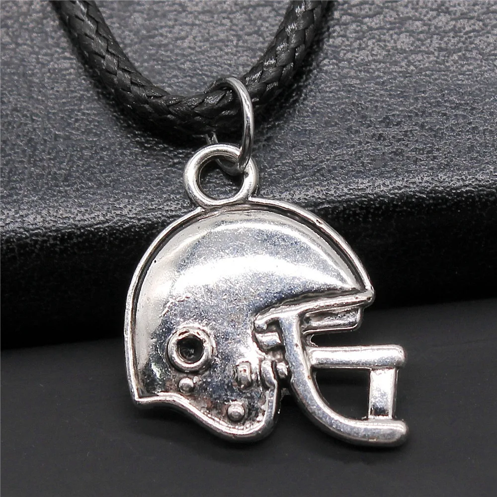Unisex Retro Vintage Antique Silver Color 19x17mm Football Helmet Sports Helmet Pendant Faux Black Leather Rope Chain Necklace