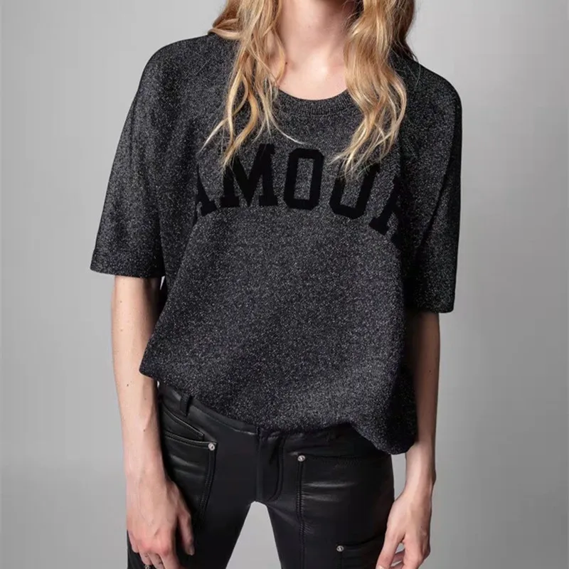 

100% Linen Women Letter Flocking T-shirts Knitwear Loose Short Sleeve 2022 Spring Summer Round Neck Top Female Casual Tees
