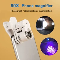 universal 60x led clip microscope jewelry magnifying glass focusing adjusted pocket microscope with cell phone clip lens