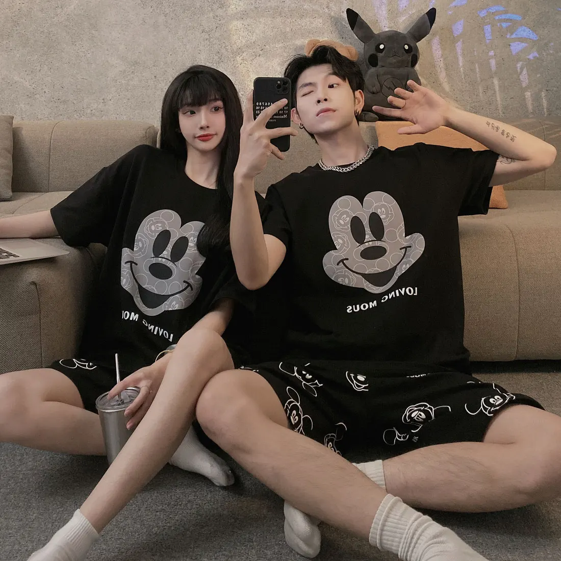 Disney Mickey Mouse Summer Couples Sleepwear Cotton High Quality Tshirt Top and Loose Shorts Men Women's Pajamas Set Dark Styles