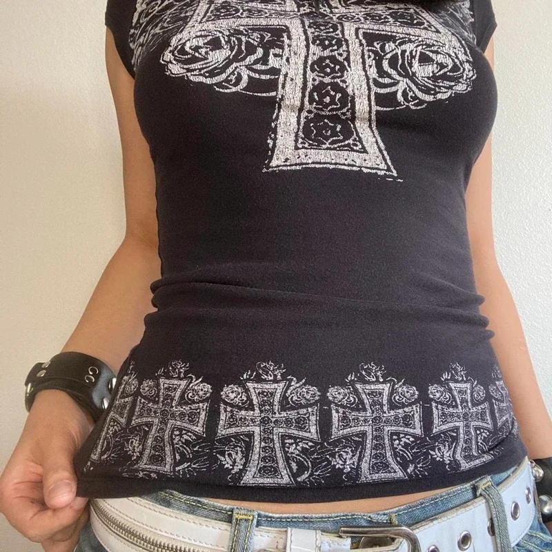 Готические укороченные топы Cyber Grunge Y2K футболки с графикой винтажные рубашки