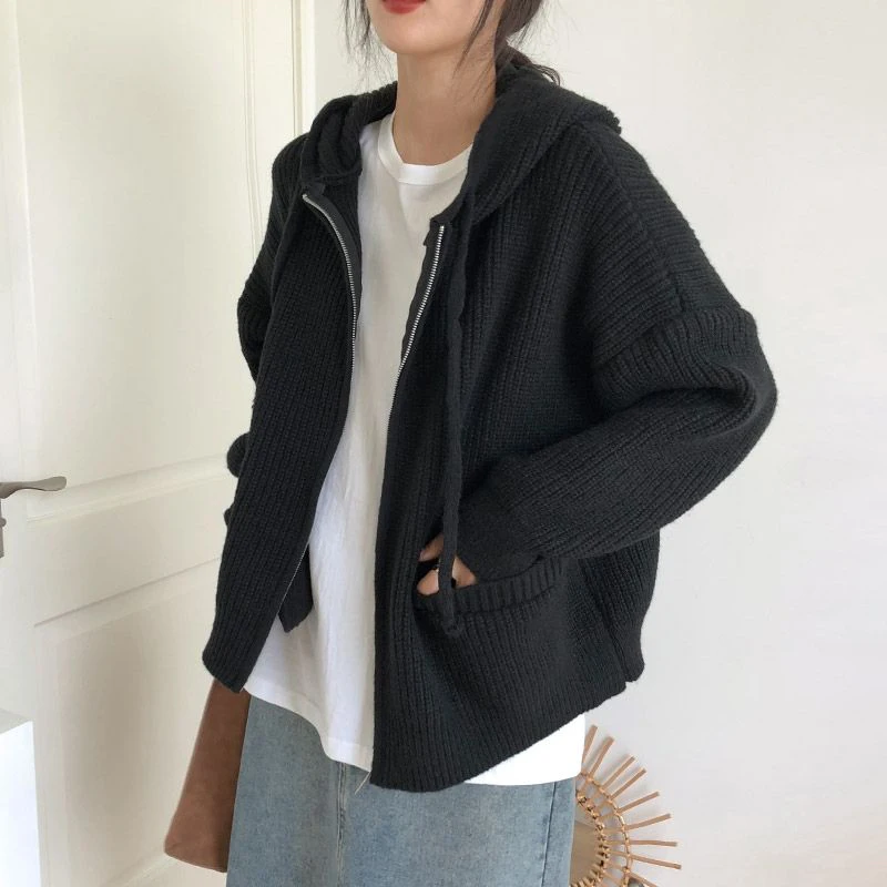 

Japanese Retro Hooded Knitted Cardigan Female Autumn Winter Zipper Pockets Sweater Coat Women Casual Loose Solid Knitwear Woman