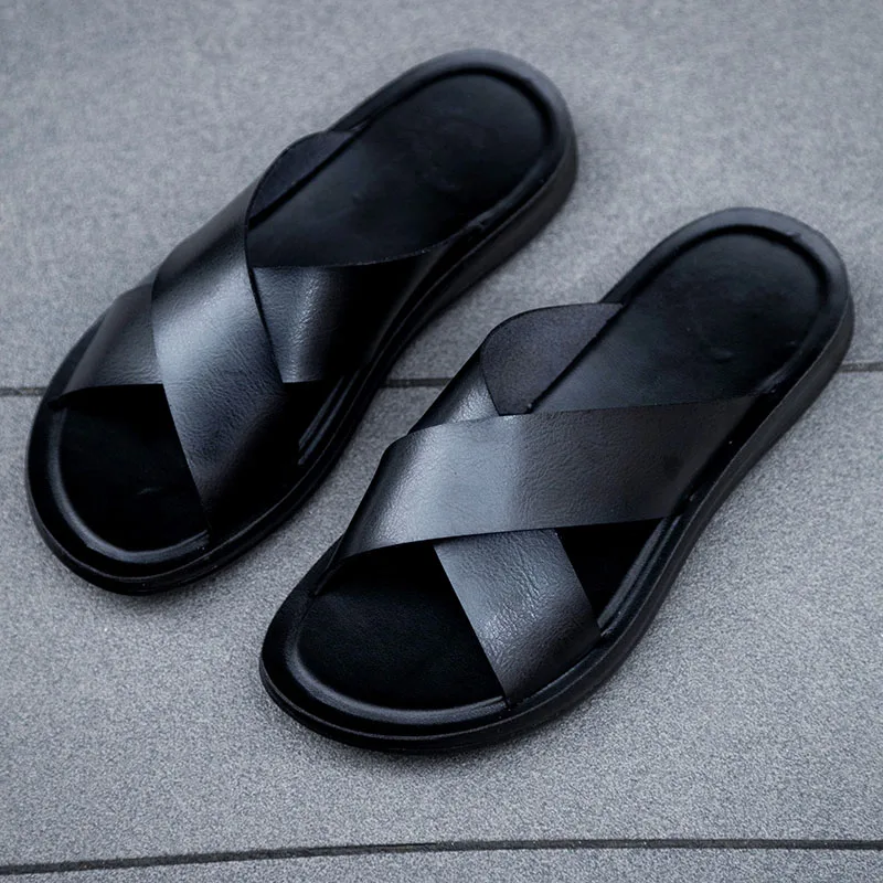 

Italian Leather Slippers For Men 2022 New Hotel Beach Summer Shoes High Quality Big Size 47 Slip On Light Flats Male Flip Flops
