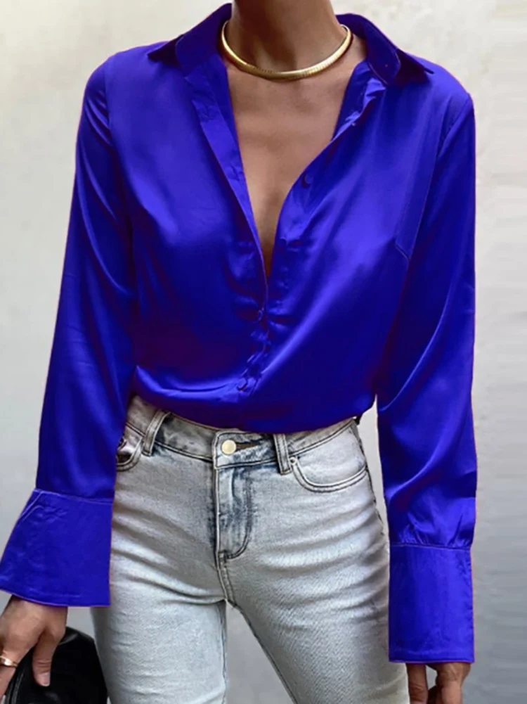 

Trendeez Chic Solid Collar Shirt Sleeve Satin Button Spring/Autumn Casual Shirts