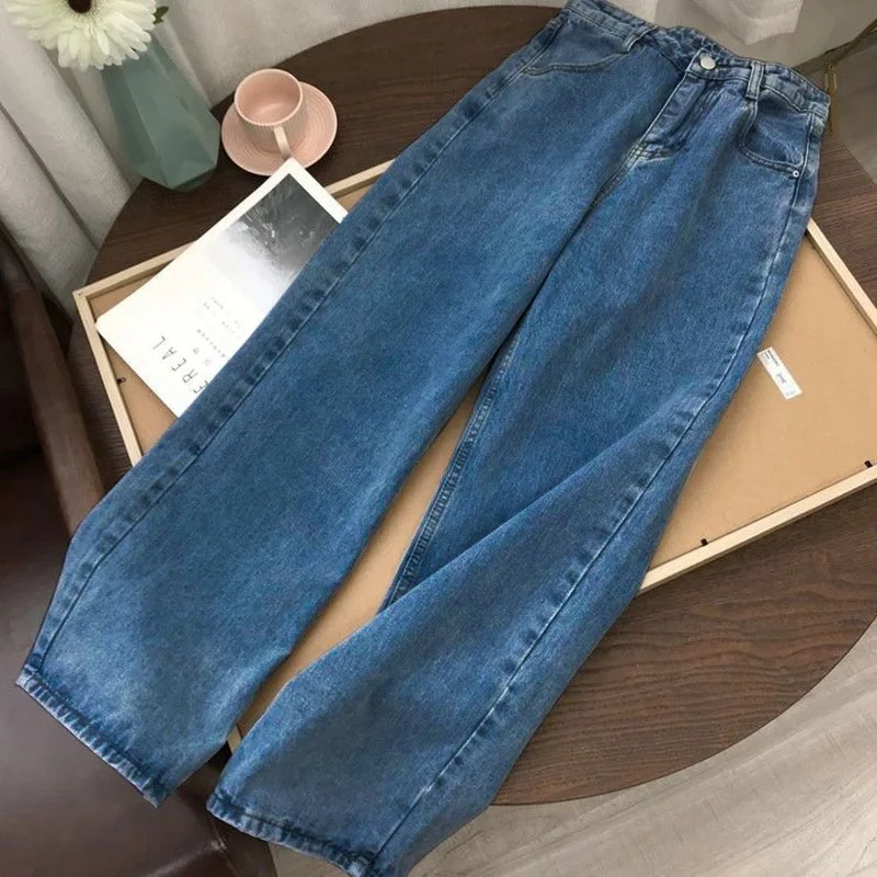 Straight high-waisted jeans denim schoolgirls new Koreanloose retro wide wind mopping pants