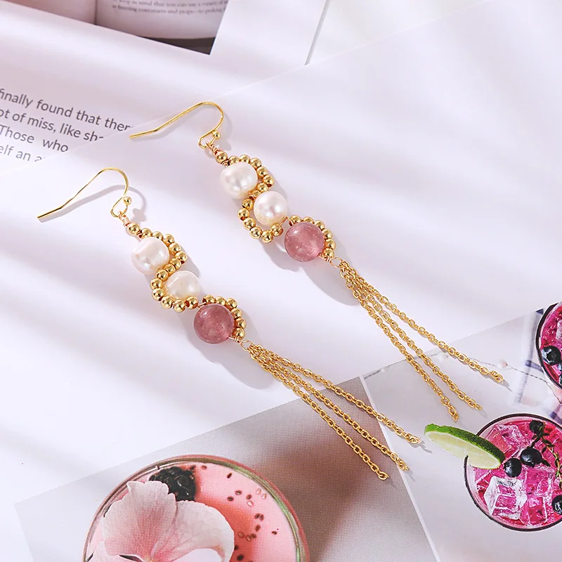 Женские серьги-подвески с натуральным пресноводным жемчугом и клубничным