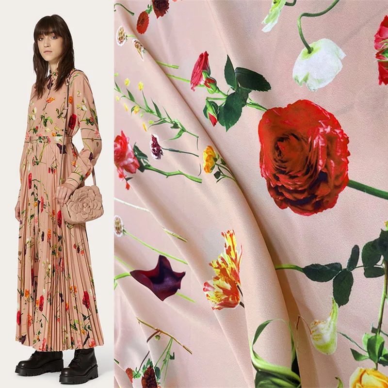 

Summer Show Field Haute Couture Fabric Digital Printing Plant Flower Carnation Filament Fashion Women's Clothing Fabric African
