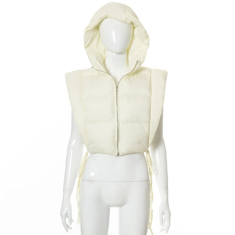 2021 Autumn New Style Hooded Side Leakage Sleeveless Straps Short All-match Fashion Cotton Bubble Puffer Coat