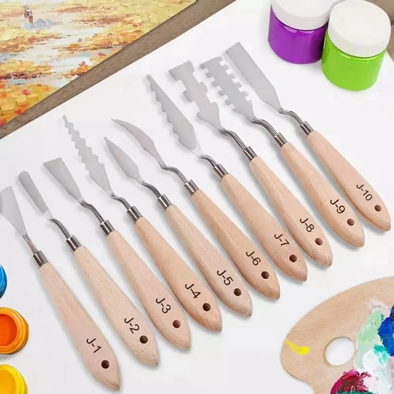 10Pcs Stainless Steel Spatula Palette Knife Painting Tools Metal Knives Wood Handle for Oil Paint Acrylic Canvas Art Tools