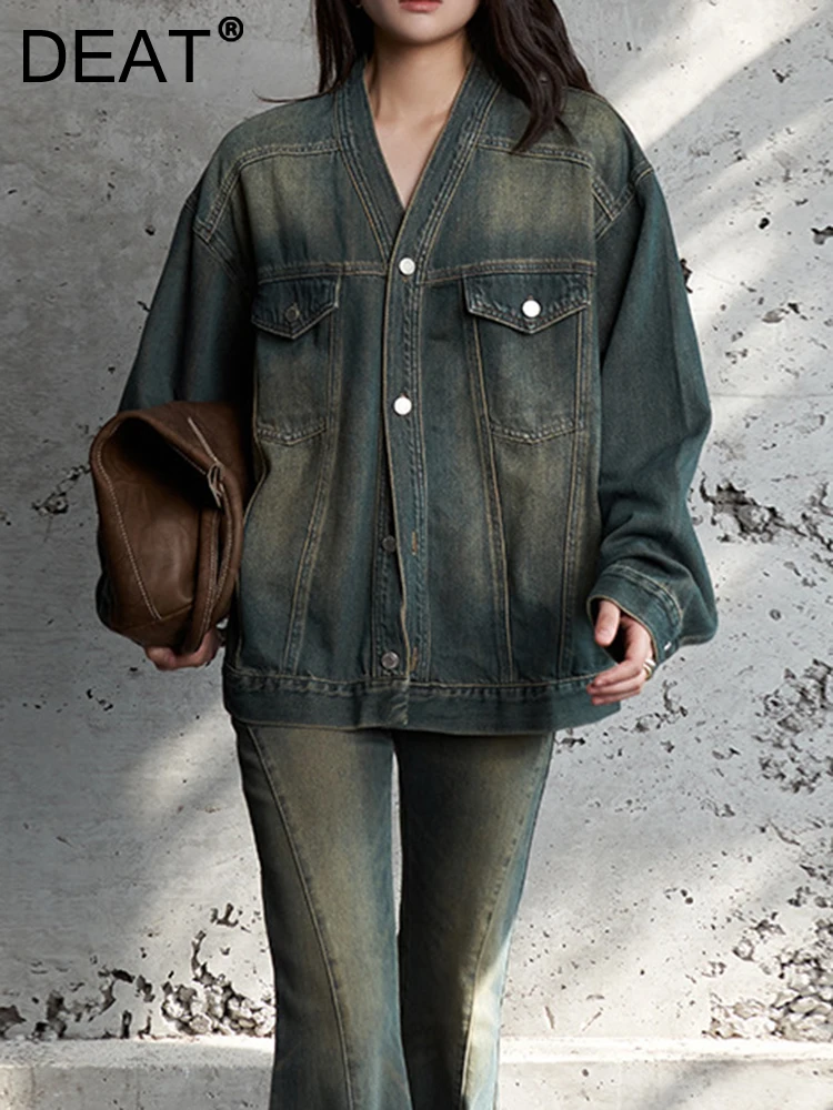 

DEAT Fashion Women's Denim Coat V-neck Long Sleeves Single Breasted Pocket Loose Retro Lady Jackets Autumn 2023 New Tide 7AB1264