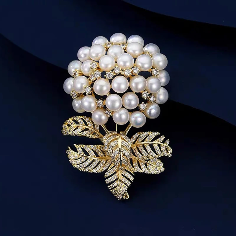 Роскошные броши ручной работы с пресноводным жемчугом и цирконием гортензия