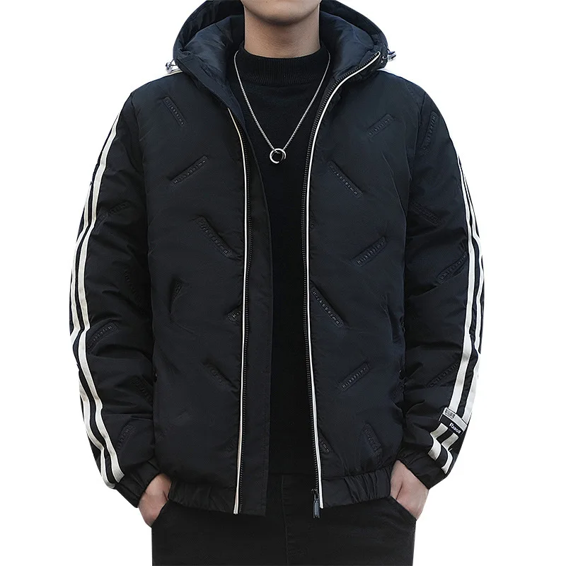 Mens Winter Jacket Hooded Zipped Down Striped Casual Winter Warm Coat Mens Clothing Plus Size M-4XL