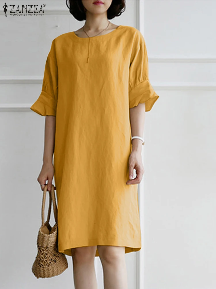 

Fashion Women Sundress ZANZEA Summer O Neck Half Sleeve Casual Loose Knee-length Vestidos Solid Ruffles Work Dress Robe Femme