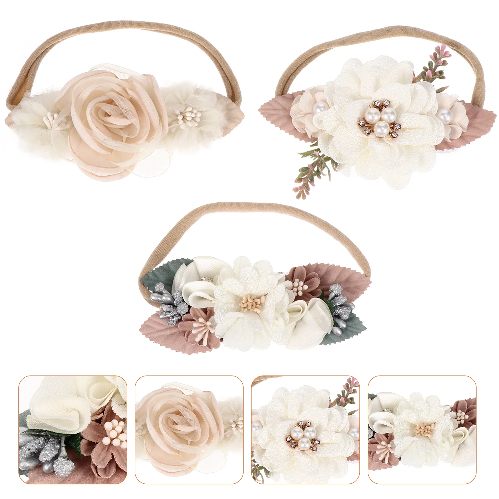 

3Pcs Baby Hundred Days Photo Headbands Pearl Flower Hairbands (Pink, Beige)