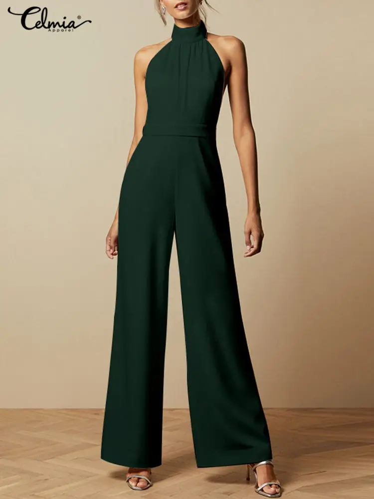 

Celmia Casual Loose Women Overalls Office Lady Wide Leg Pants Jumpsuit Halter Neck 2023 Summer Elegant Sleeveless Long Playsuits