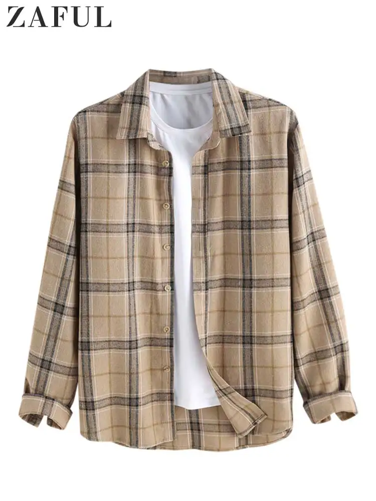 

ZAFUL Shirts for Men Flannel Long Sleeves Plaid Blouse Button Front Warm Blouses Shirt Fall Winter Streetwear Shacket Tops NEW