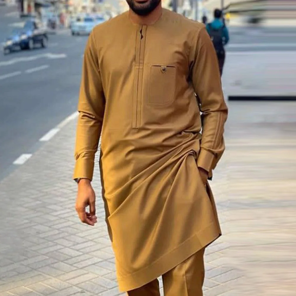 

African Dashiki Outfit Mens Solid Color Tops Pants 2 Piece Suit Hippie Men Fashion Muslim Sets Thobe 2023 European Clothing