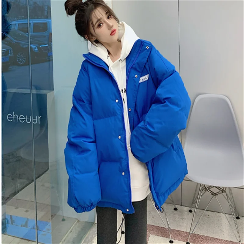 2022 New Blue Ladies Down Jacket Coat Cotton-padded Coat Loose Thick and Warm Short Super-large women's down cotton padded coat