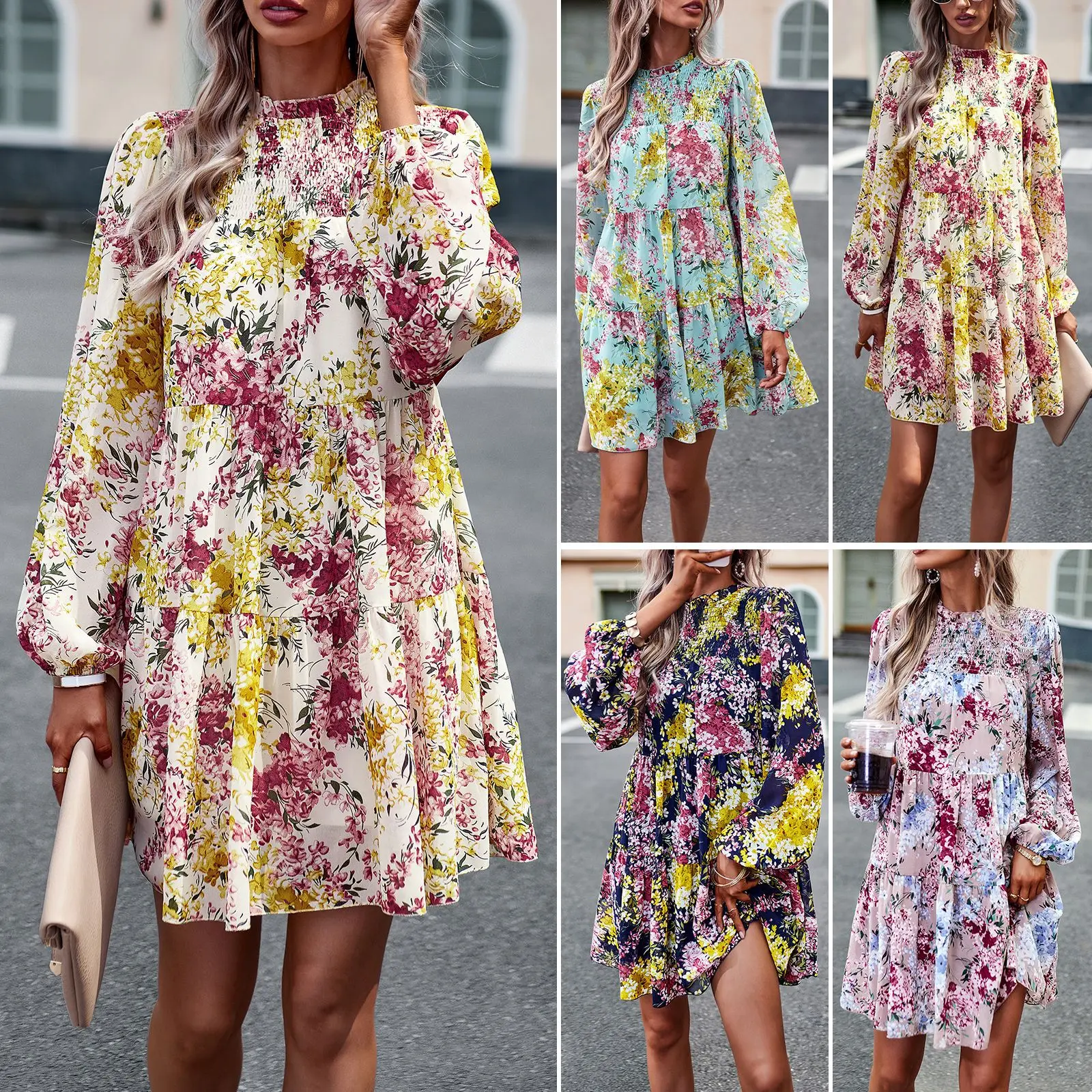 

Women's 2023 Autumn Printed Chiffon Dress Temperament Elegant Half High Neck Long Sleeve Short Dress