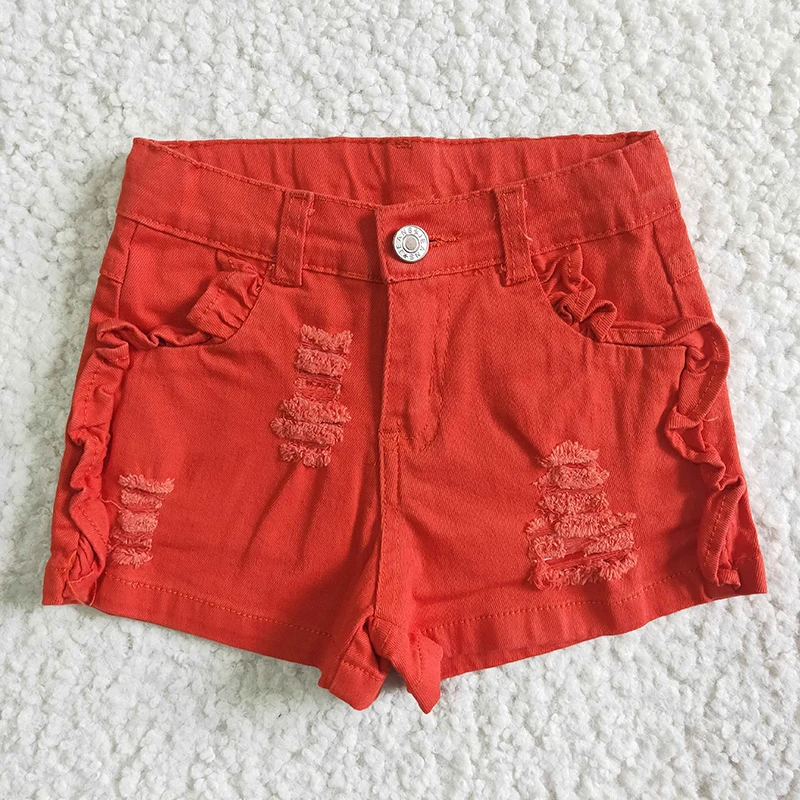 Baby Girl Summer Watermelon Red Ruffle Denim Kids Boutique Children Toddler Pocket Button Ripped Shorts Jeans Elastic Clothing