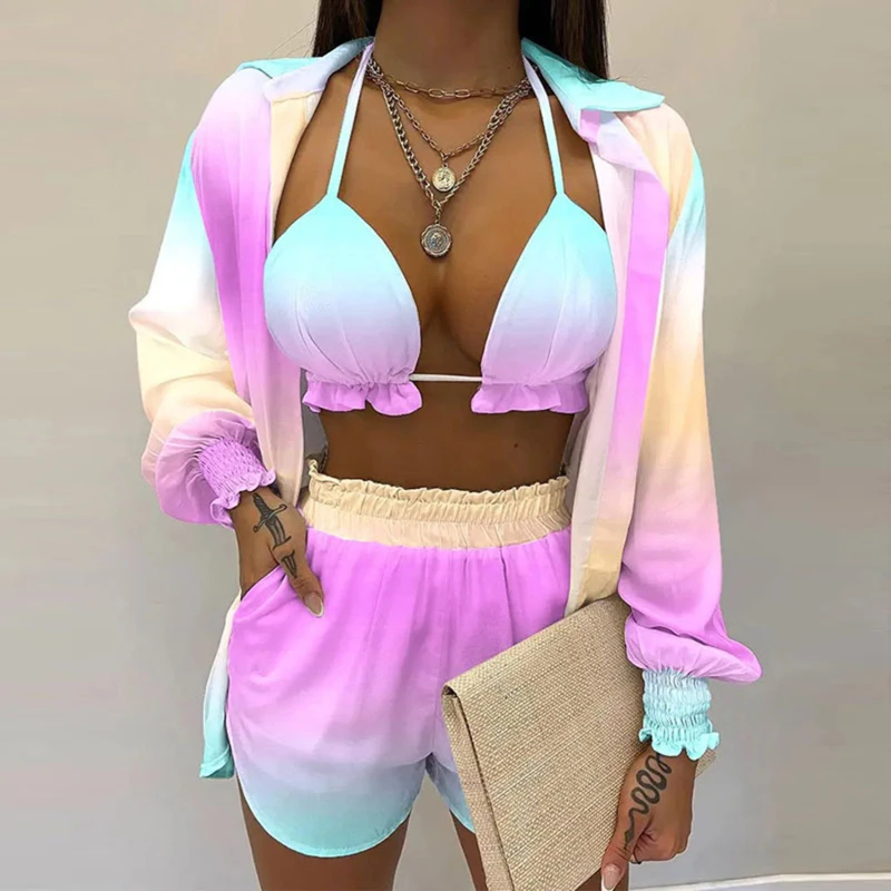 

Hot Style Sexy Summer Solid Color Printing 3-piece Suit For Women Lady Shorts Blouse Camis Set