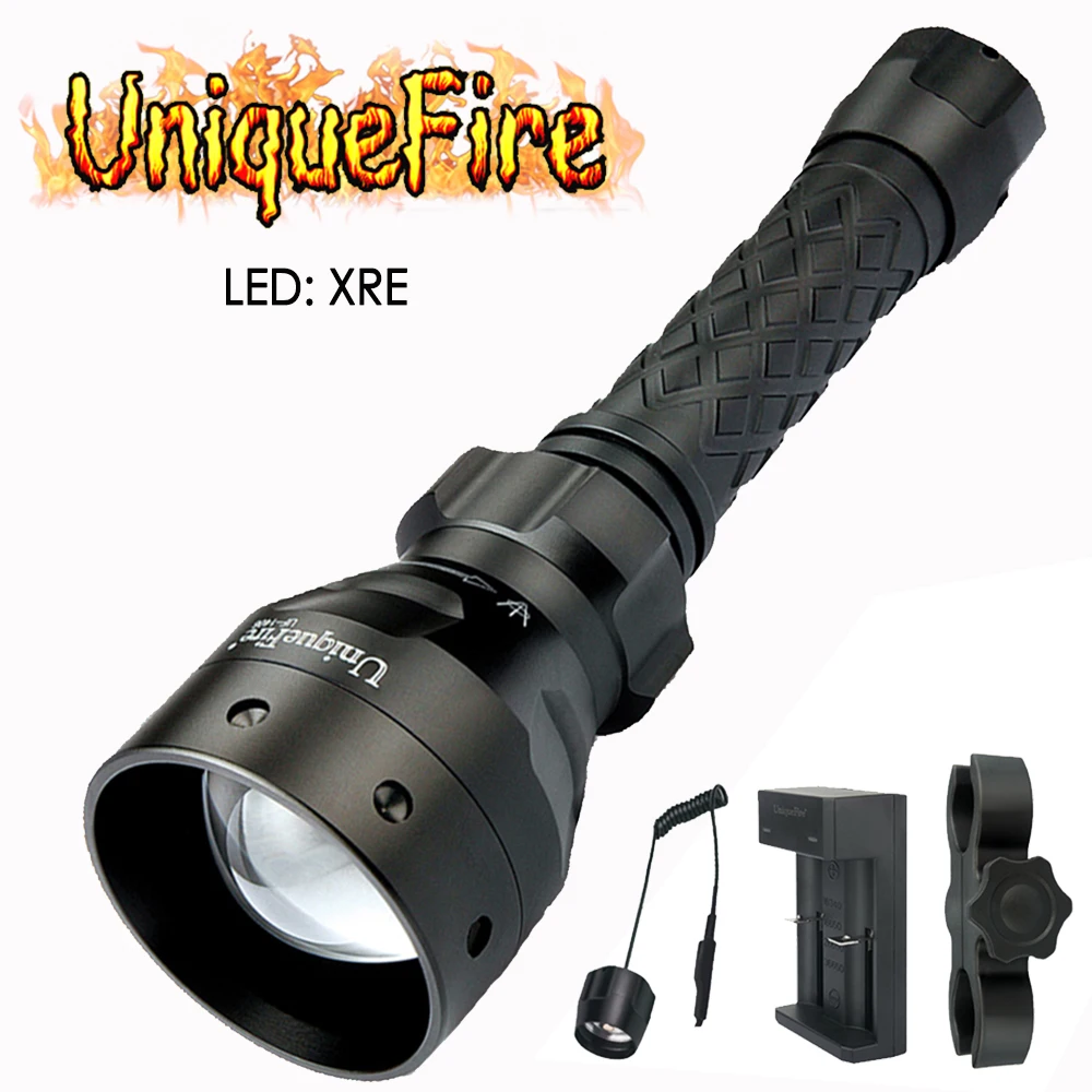 UniqueFire 1405 XRE Green/Red/White Light LED Flashlight Zoomable Torch with Scope Mount,Rat Tail, USB Charger for Night Camping