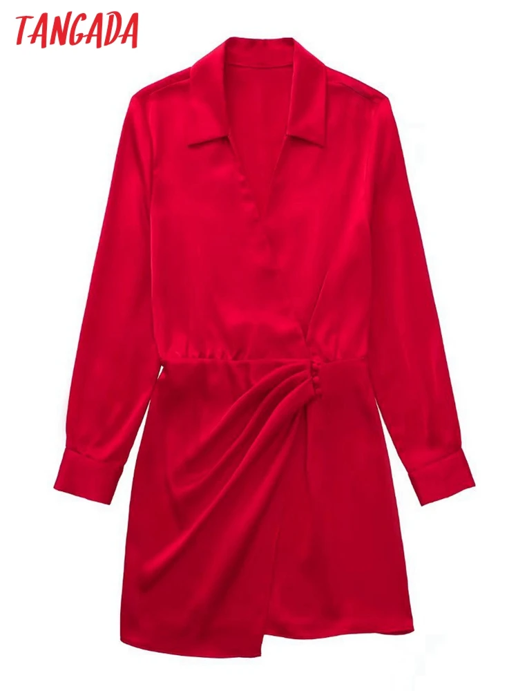 

Tangada Female Romantic Red Satin Shirt Dress Turn Down Collar Long Sleeve Females Side Pleated Mini Dresses Vestidos 3H387