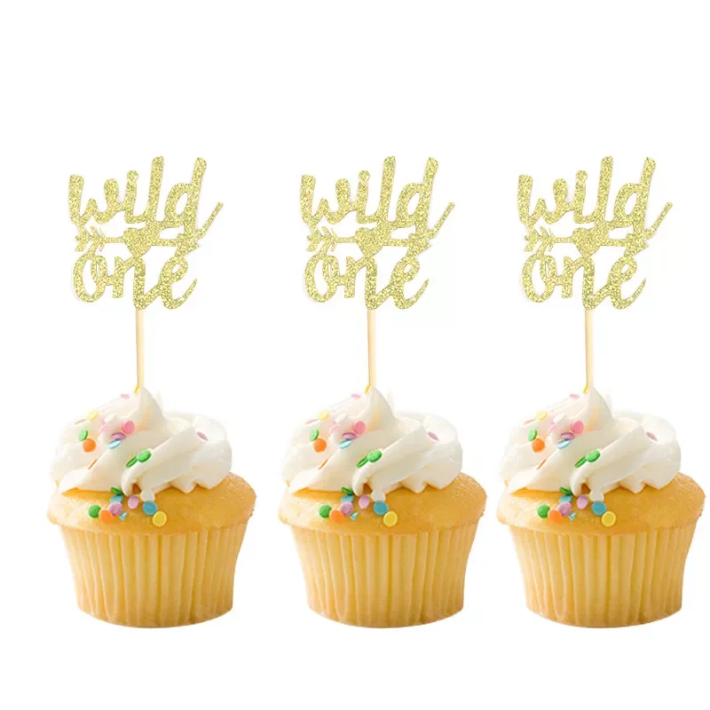 

10pcs Gold Wild One Cupcake Toppers Green Leaf Cake Topper Safari Animal Decor Baby Shower Boy Girl 1st Jungle Birthday Decor