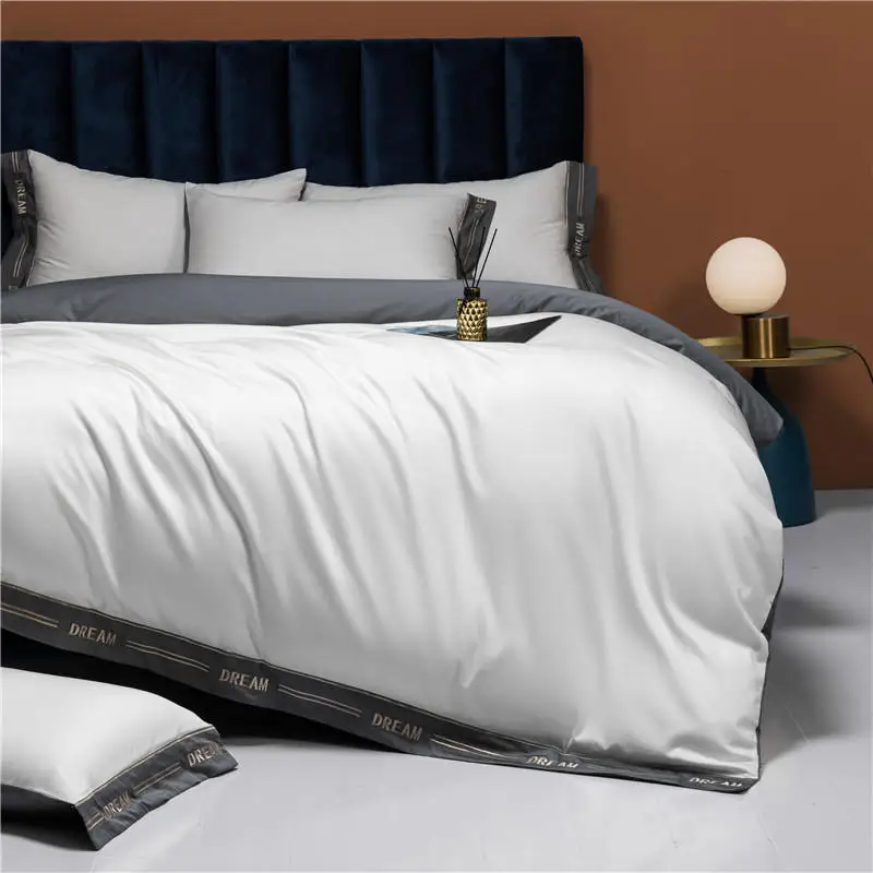 Комплект постельного белья с вышивкой бежевого и серого цвета из египетского