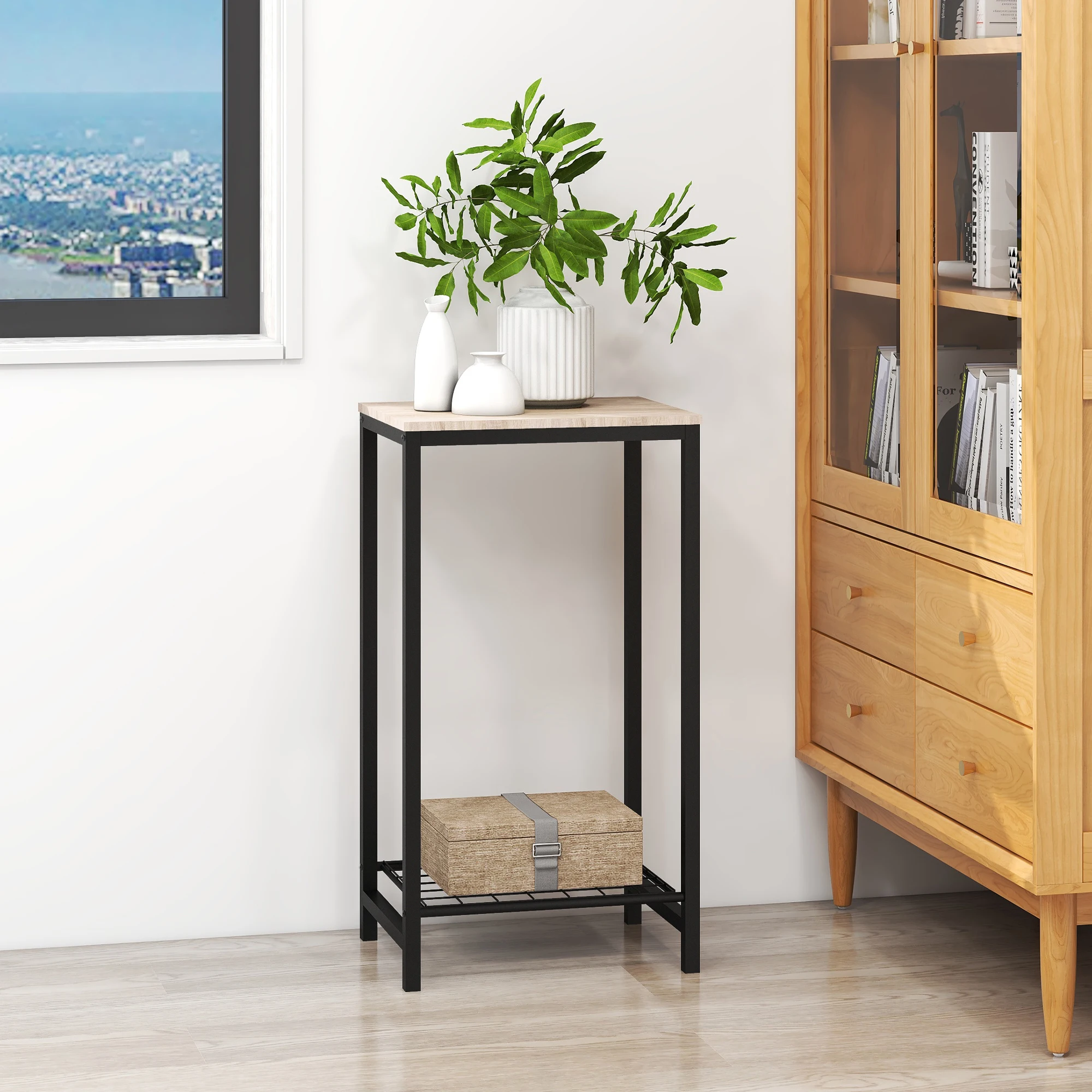 

2-Tier End Table Industrial Side Nightstand with Durable Metal Frame Coffee with Mesh Shelves for Living Room