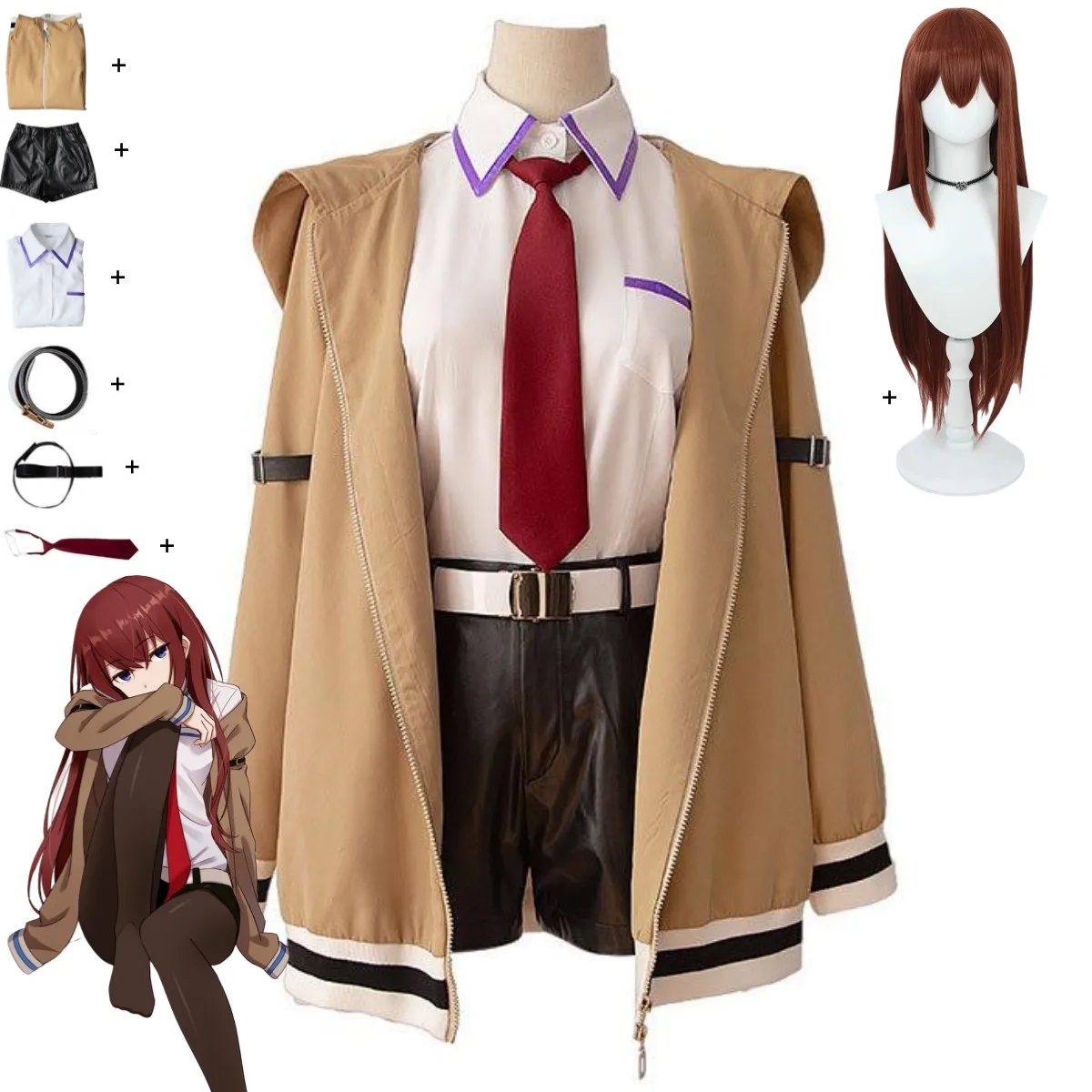 Фото Игра Steins Gate Makise Kurisu Christina Косплей Костюм Пальто с капюшоном Рубашка Шорты Спортивный костюм Парик Женский карнавальный костюм на Хэллоуин №1