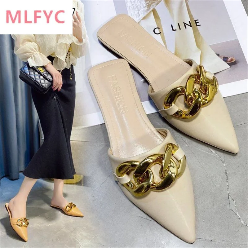 

Metal chain pointed half slippers women's outer wear 2022 new beige flat shoes Baotou one word sandals spot women sandals