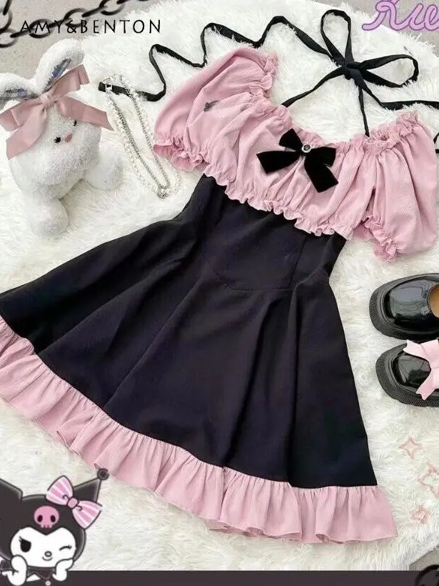 

Милое стильное черное розовое платье милой девочки, короткое платье с коротким рукавом и открытыми плечами, платье с пышными рукавами для женщин