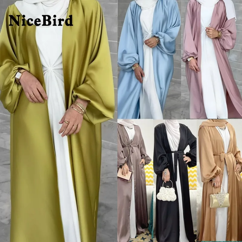 

Nicebird Abaya Women Long Elegant Dress 2PCS Cardigan Set Satin Finish Thin New V-Neck Long Sleeve Loose Spring Summer 2023