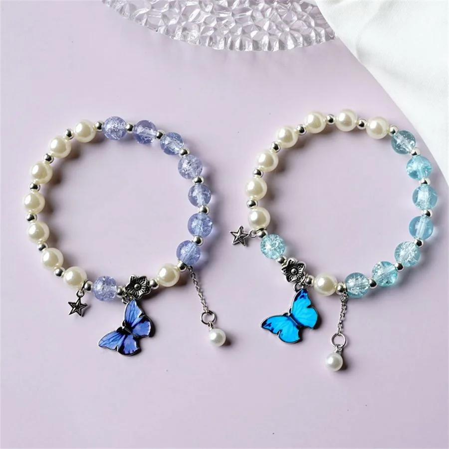 

Korean Cute Butterfly Star Colorful Crystal Beaded Bracelets For Women Charm Flower Imitation Pearl Bead Tassel Bracelet Jewelry