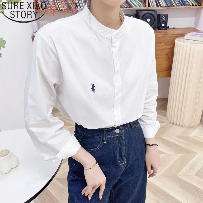 

2022 однотонная простая хлопковая рубашка с воротником-стойкой, модные женские топы с вышивкой, Весенняя Свободная блузка с длинным рукавом, ...