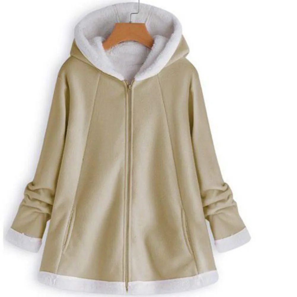 Casual Fluffy Fur Coat Women Autumn Winter Solid Color Long Sleeve Zipper Button Cute Warm Hooded Coat  Size Outwear Female