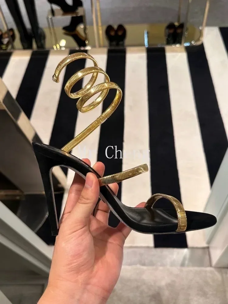 Летние модные сандалии на высоком каблуке со змеиным ремешком женские туфли