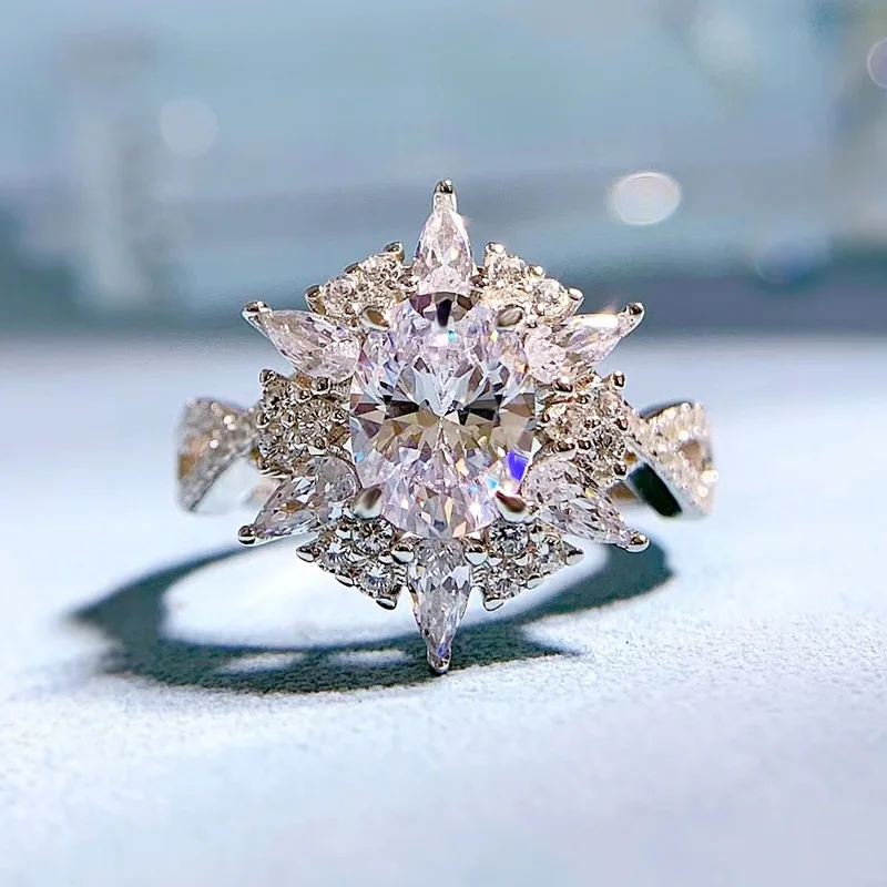 

2022 new ins Europe and America ring 925 silver 6*8 oval sparkling snowflake diamond ring female