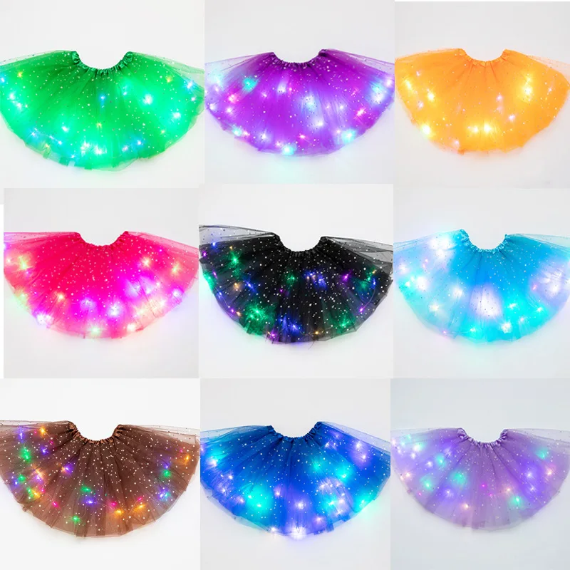 LED Glowing Light Girls Tulle Star Short Tutu Skirt Children Fancy Ballet Dancewear Party Costume Ball Gown Mini Skirt